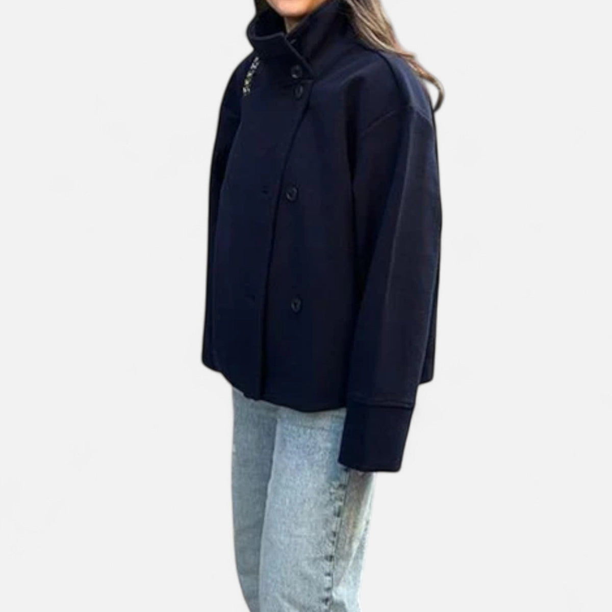 Women's High Collar Short Coat – Double Button Relaxed Design