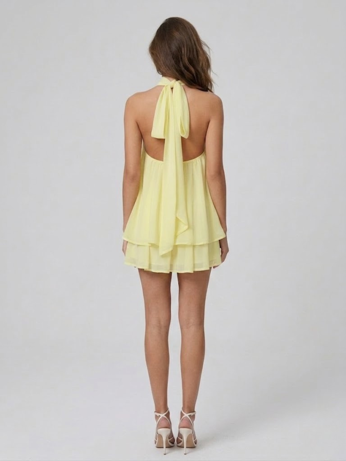 Women's Mini Dress with High Halter Neck and Open Back, Layered Ruffles