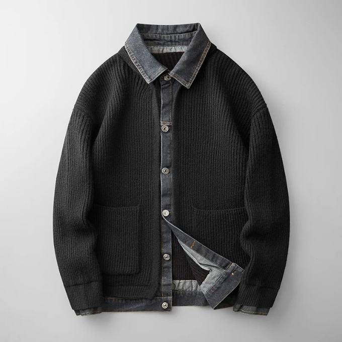 Men's Ribbed Knit Jumper with Denim Details - Relaxed Fit