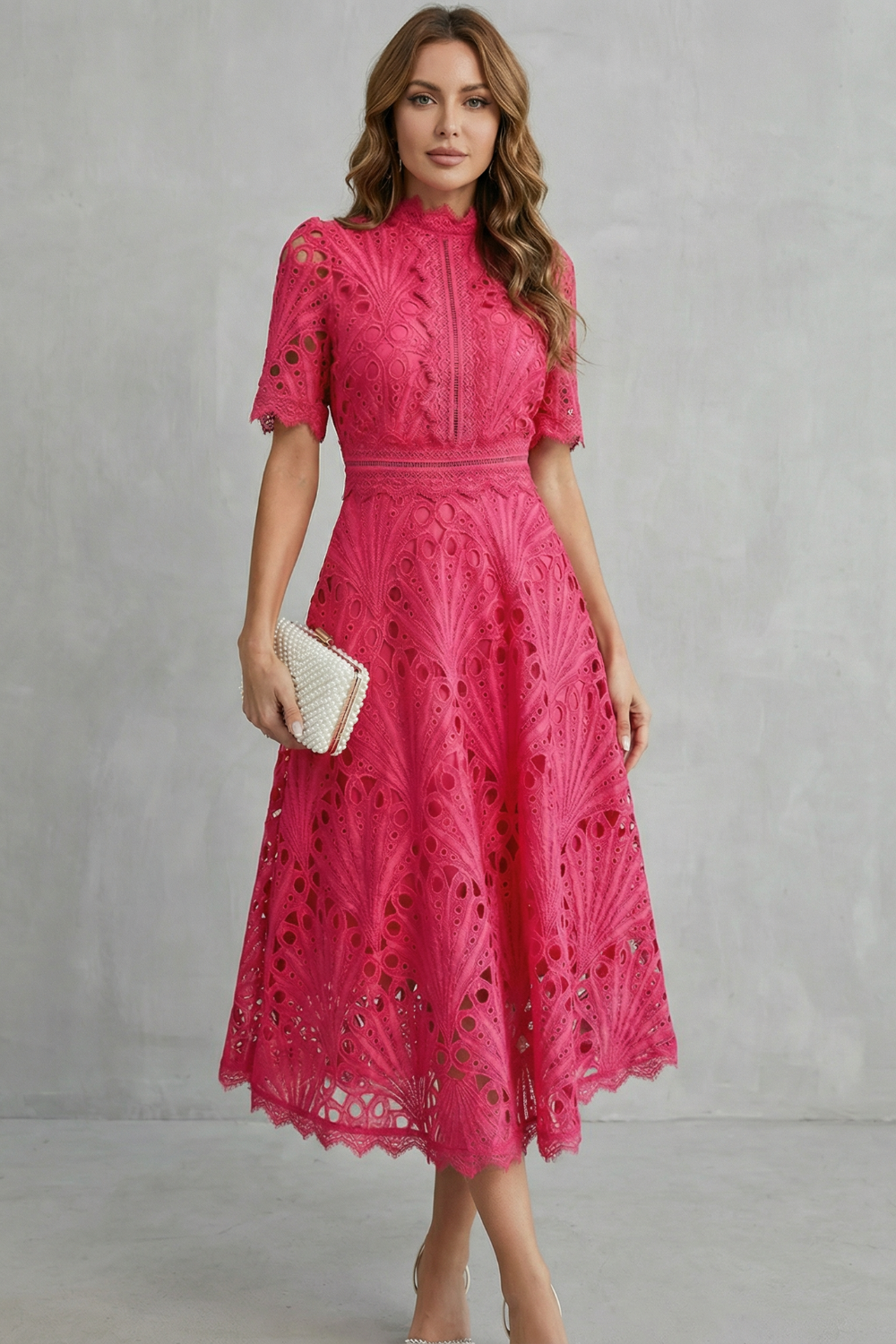 Women's High Neck Lace Midi Dress – Elegant A-Line Occasion Style