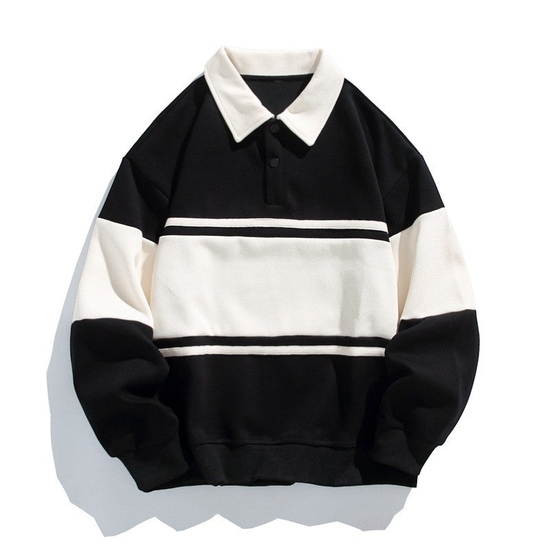 Men's Striped Polo Collar Sweatshirt - Relaxed Fit