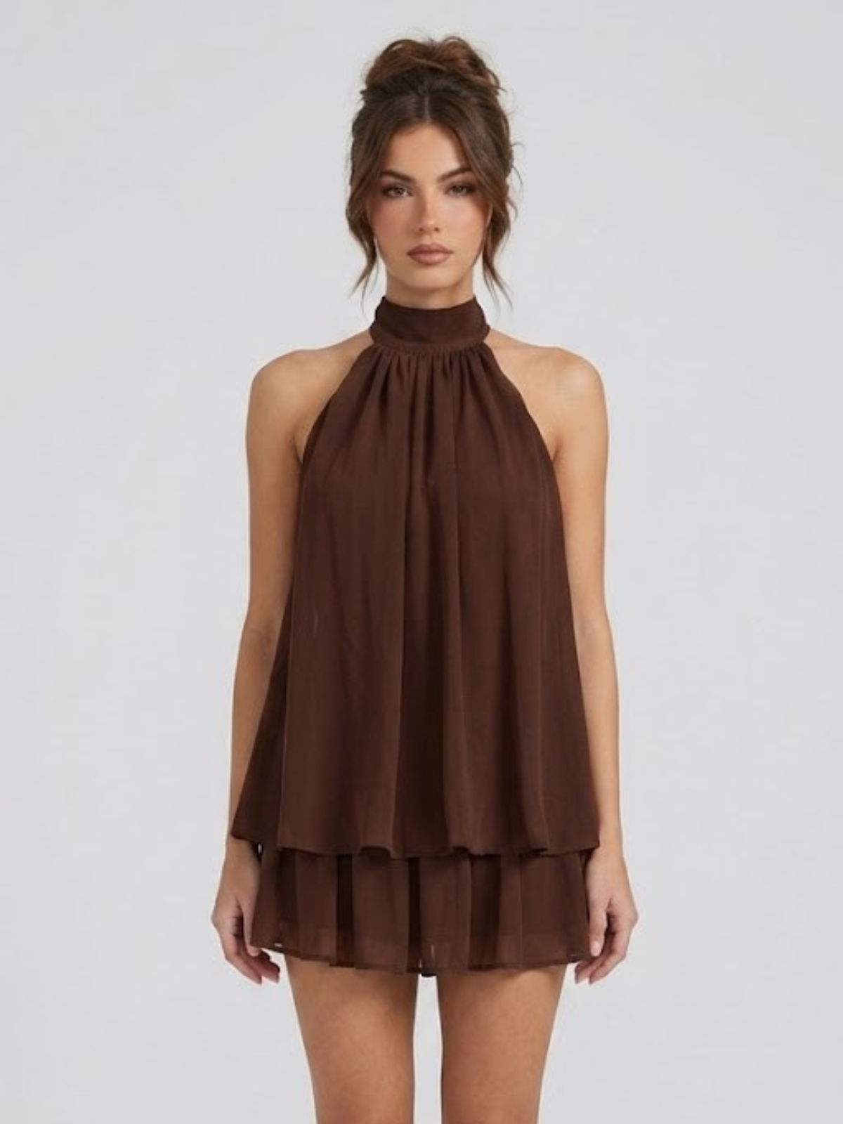 Women's Mini Dress with High Halter Neck and Open Back, Layered Ruffles