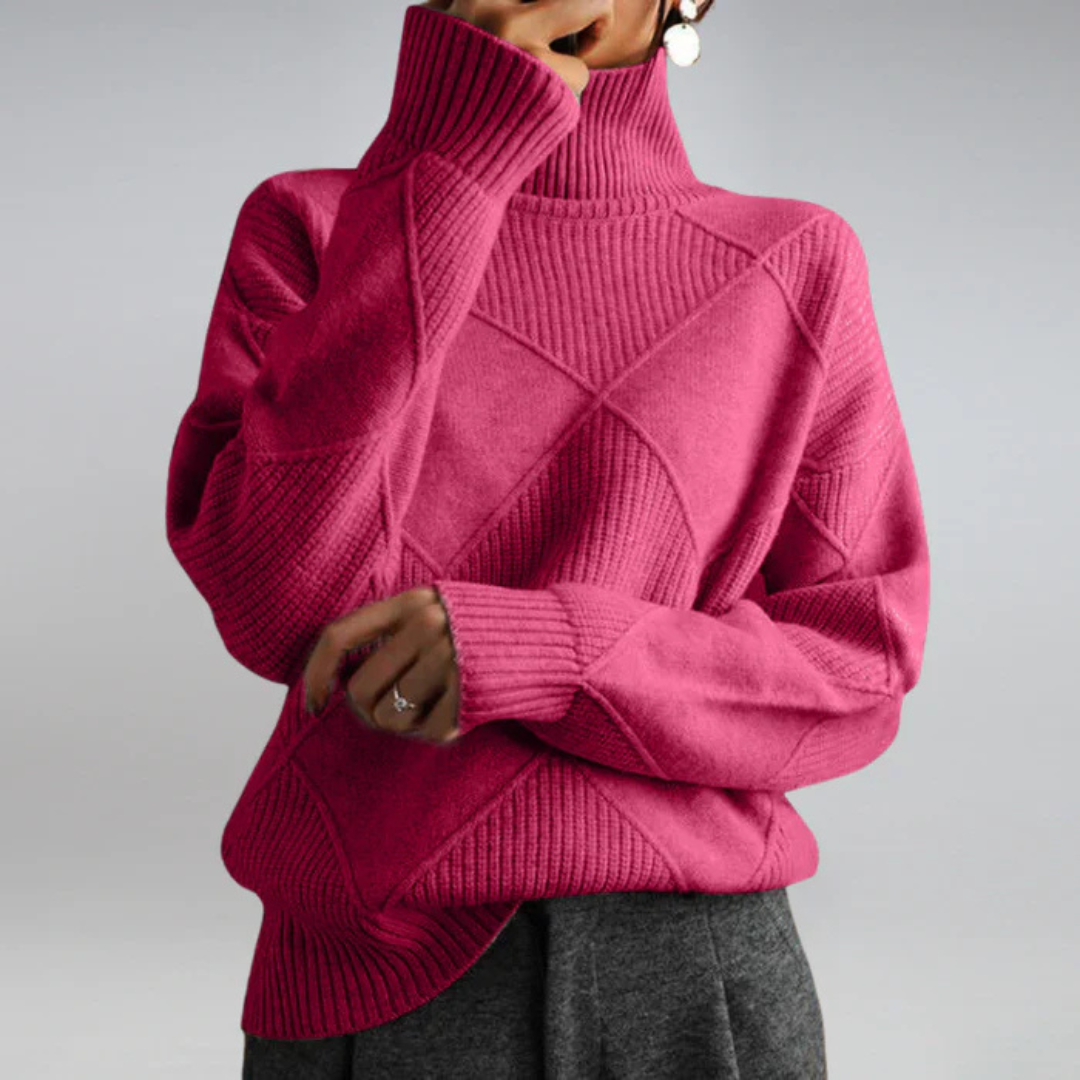 Women’s Turtleneck Knit Jumper – Geometric Textured Design