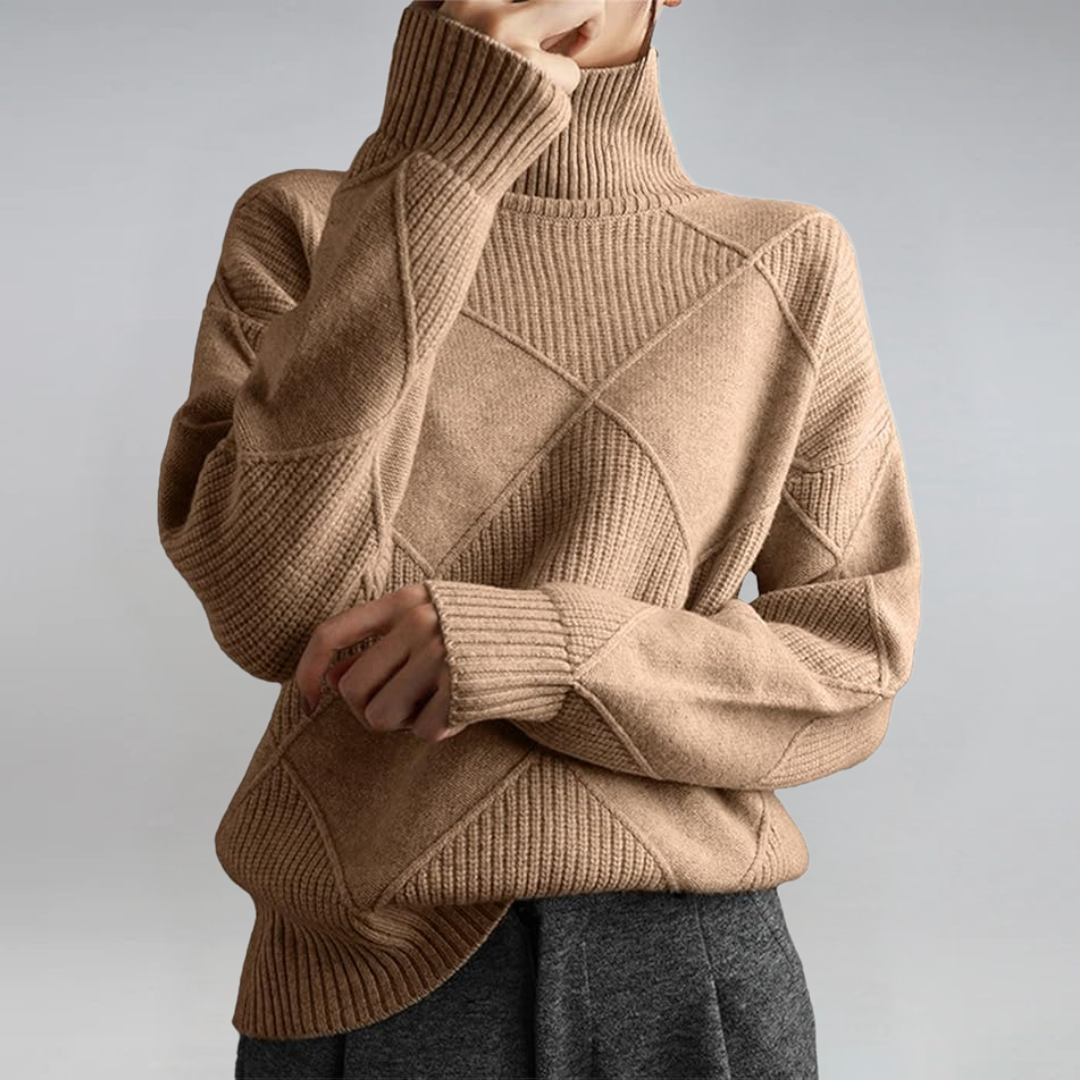 Women’s Turtleneck Knit Jumper – Geometric Textured Design