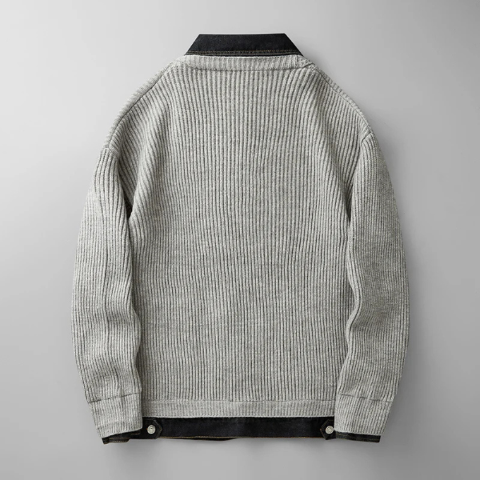 Men's Ribbed Knit Jumper with Denim Details - Relaxed Fit
