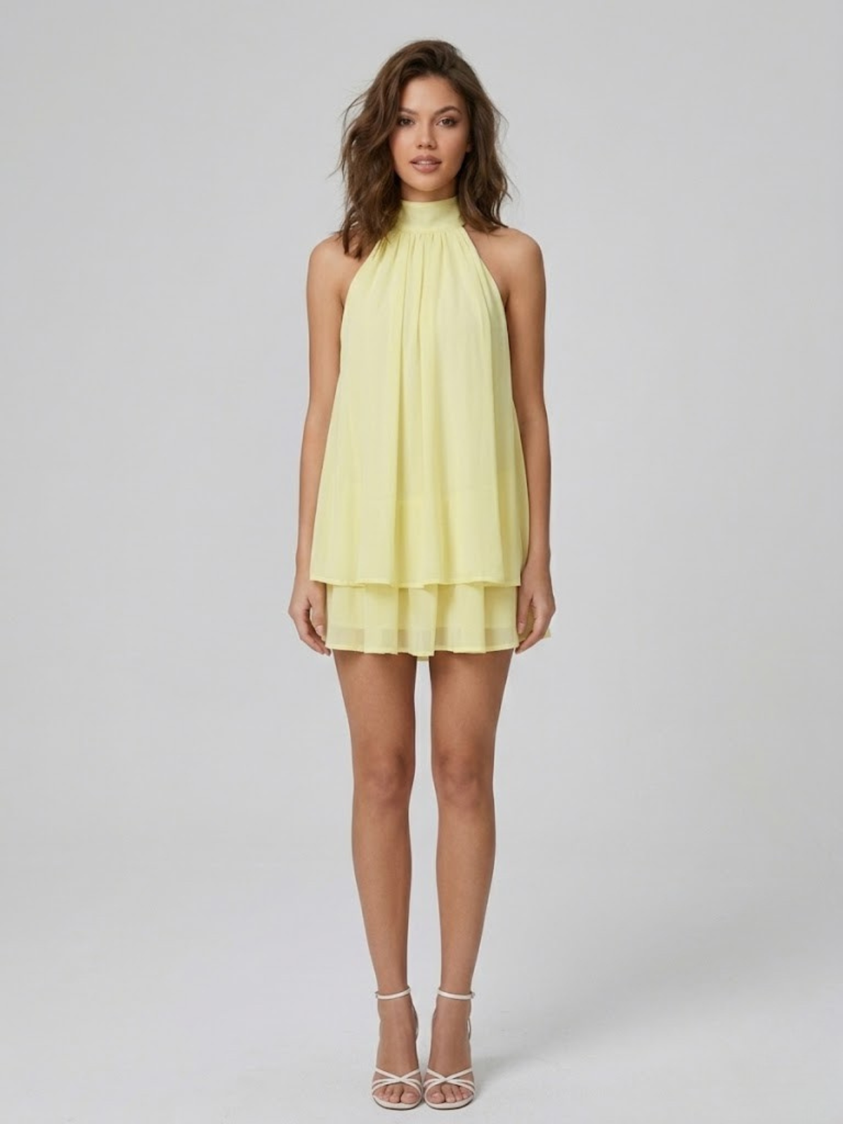 Women's Mini Dress with High Halter Neck and Open Back, Layered Ruffles