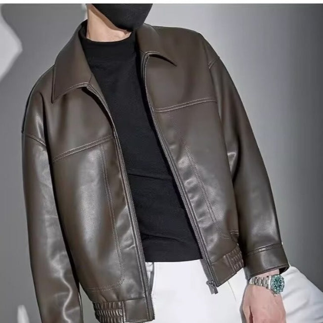 Leather Jacket Men Slim Fit Zip Closure Straight Collar