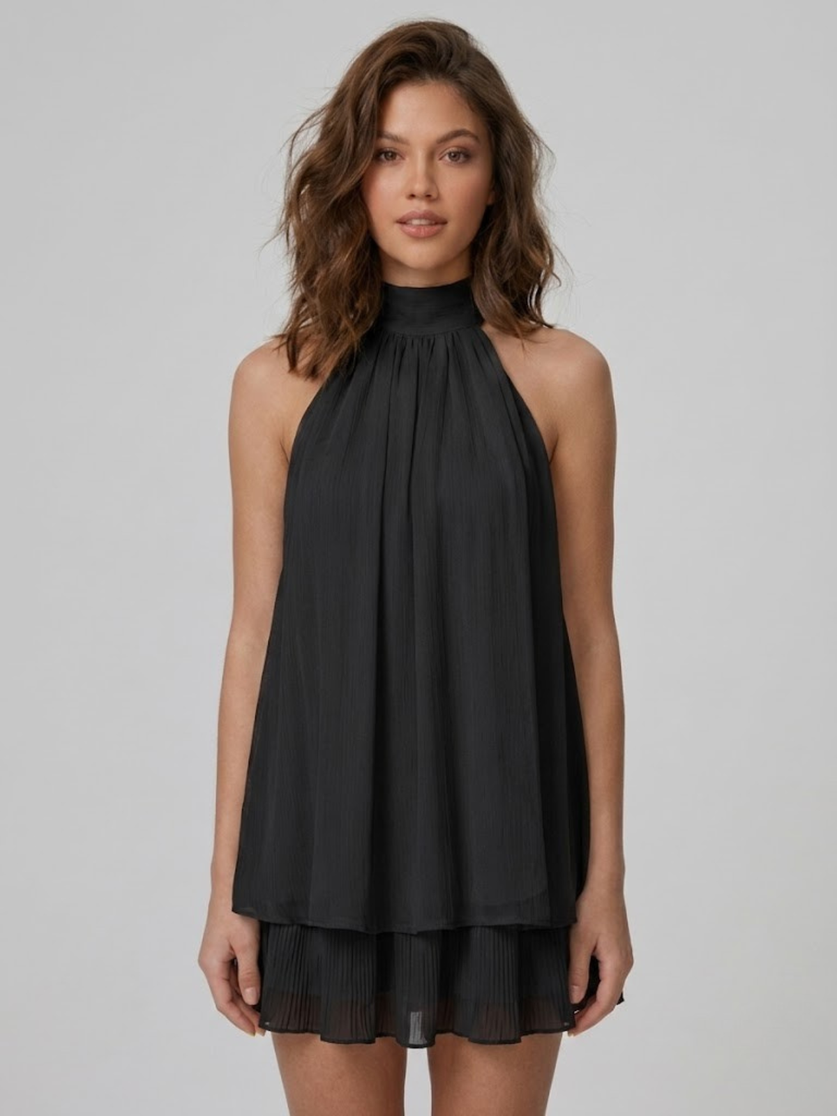 Women's Mini Dress with High Halter Neck and Open Back, Layered Ruffles