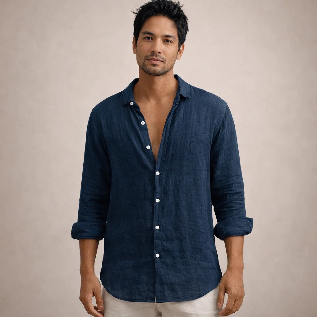 Men's Linen Shirt with Open Collar, Long Sleeve