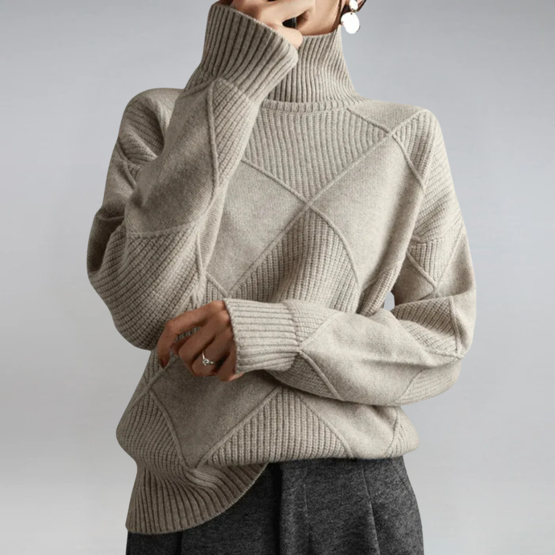 Women’s Turtleneck Knit Jumper – Geometric Textured Design