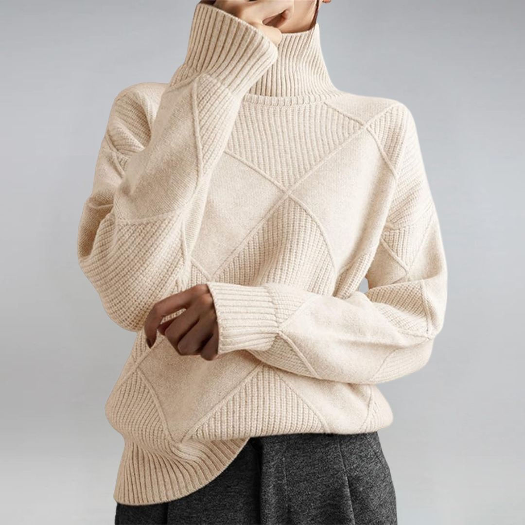 Women’s Turtleneck Knit Jumper – Geometric Textured Design