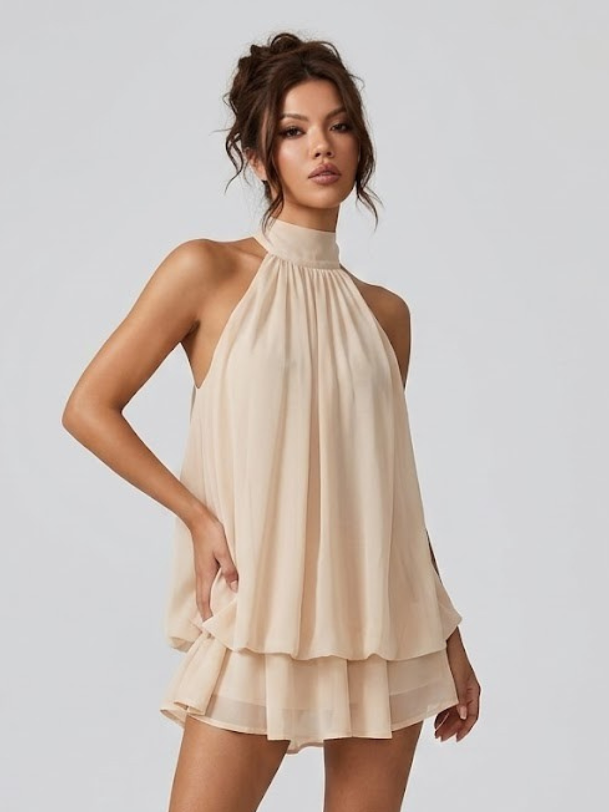 Women's Mini Dress with High Halter Neck and Open Back, Layered Ruffles