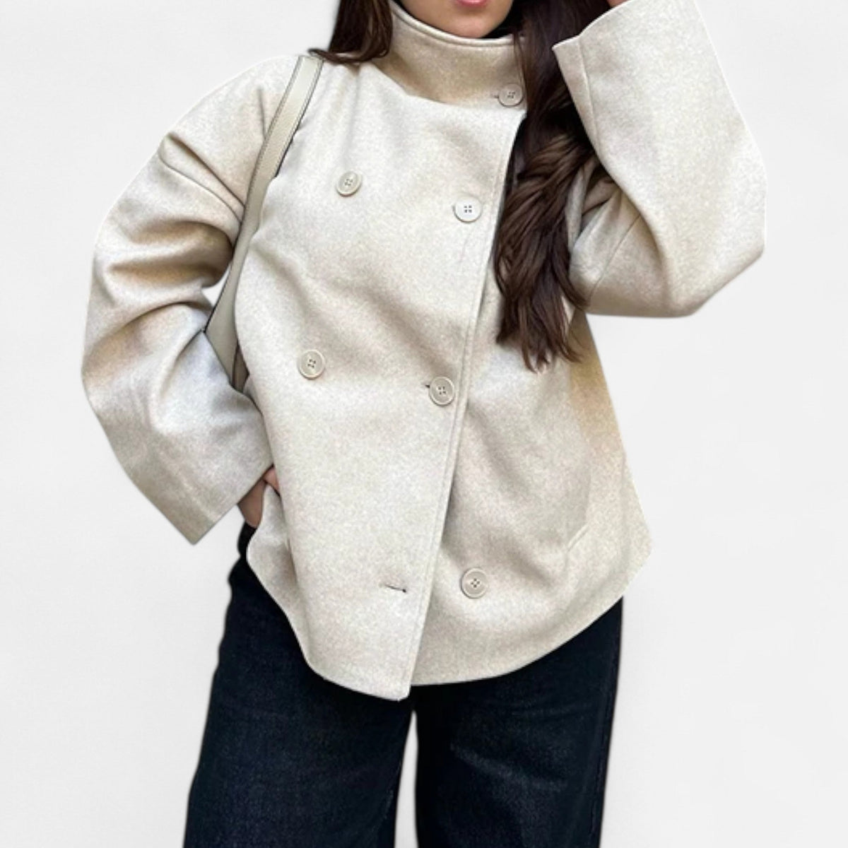 Women's High Collar Short Coat – Double Button Relaxed Design