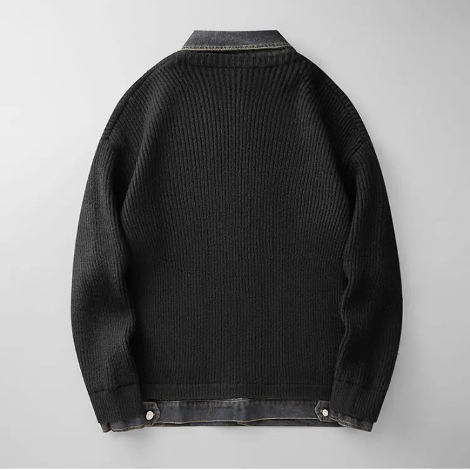 Men's Ribbed Knit Jumper with Denim Details - Relaxed Fit