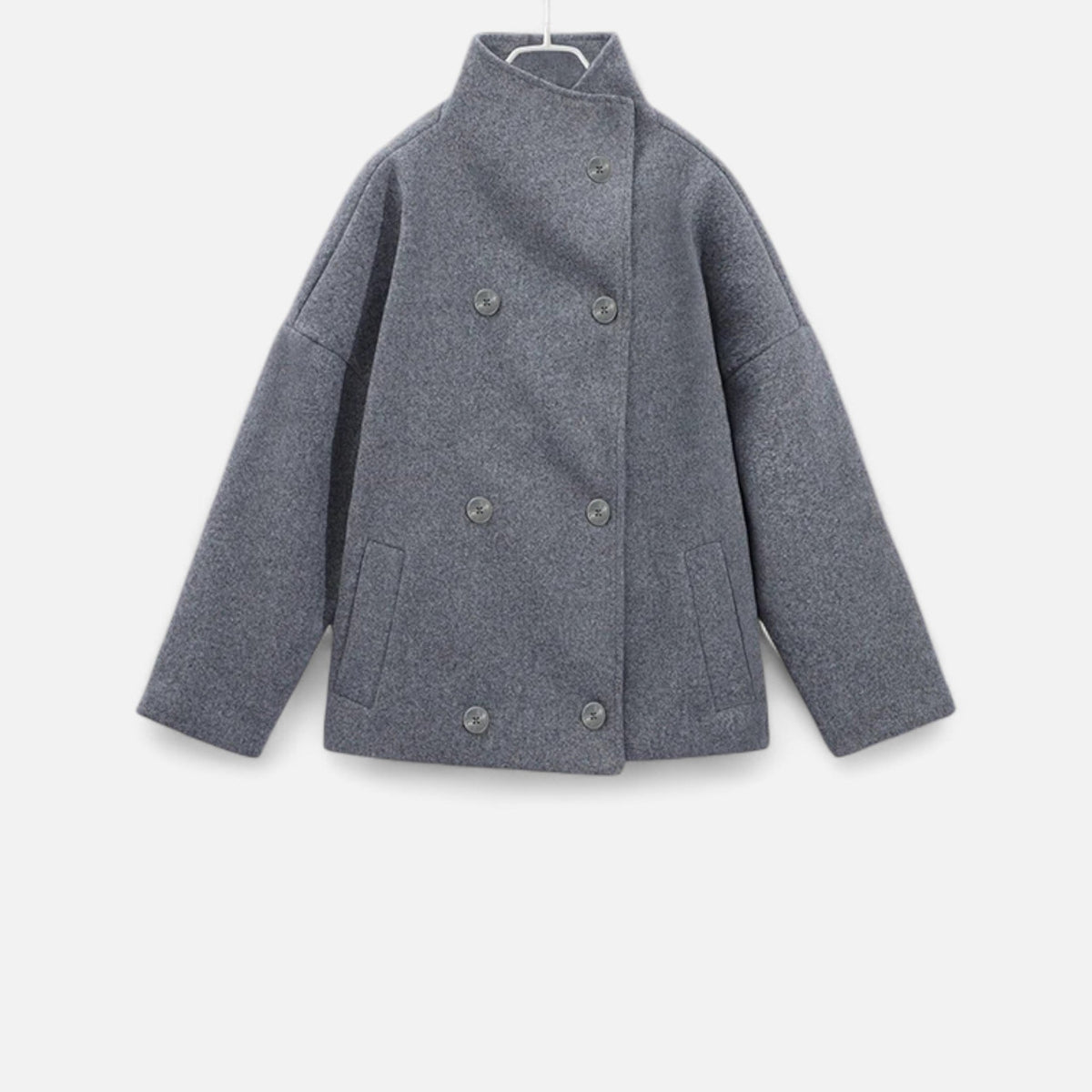 Women's High Collar Short Coat – Double Button Relaxed Design