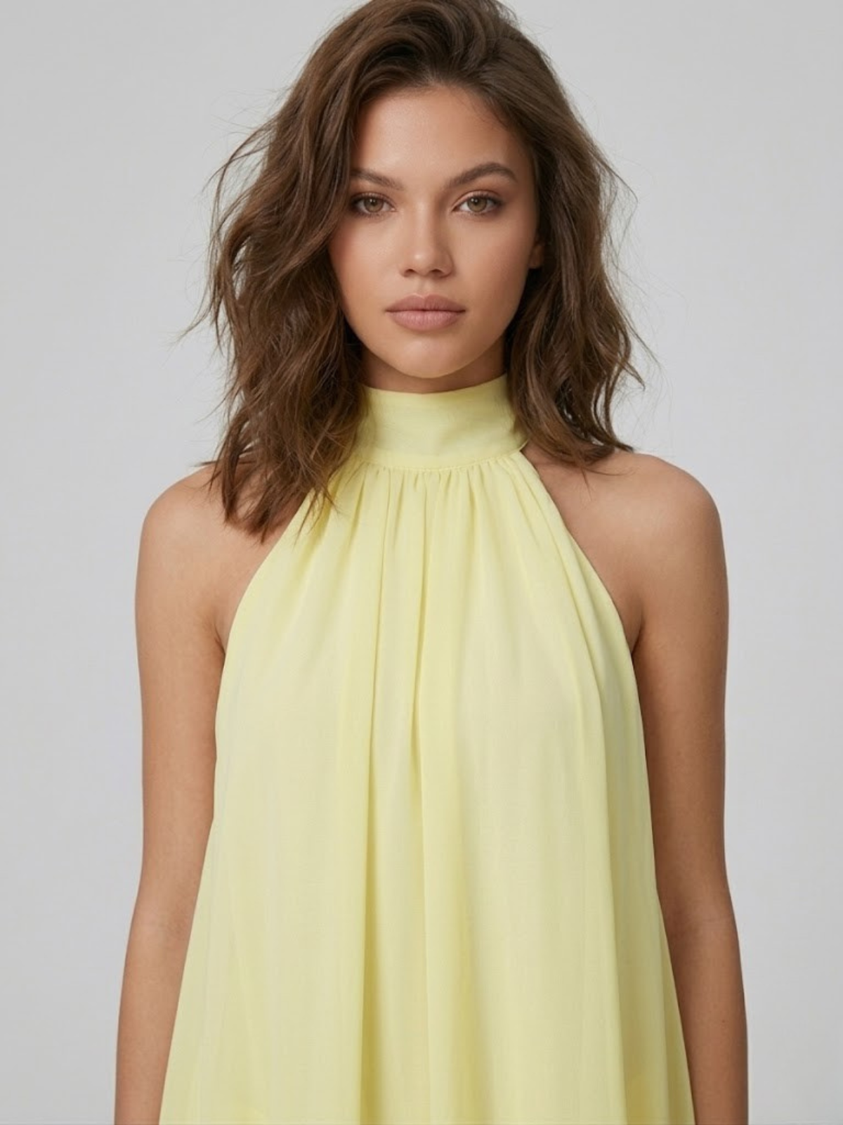 Women's Mini Dress with High Halter Neck and Open Back, Layered Ruffles