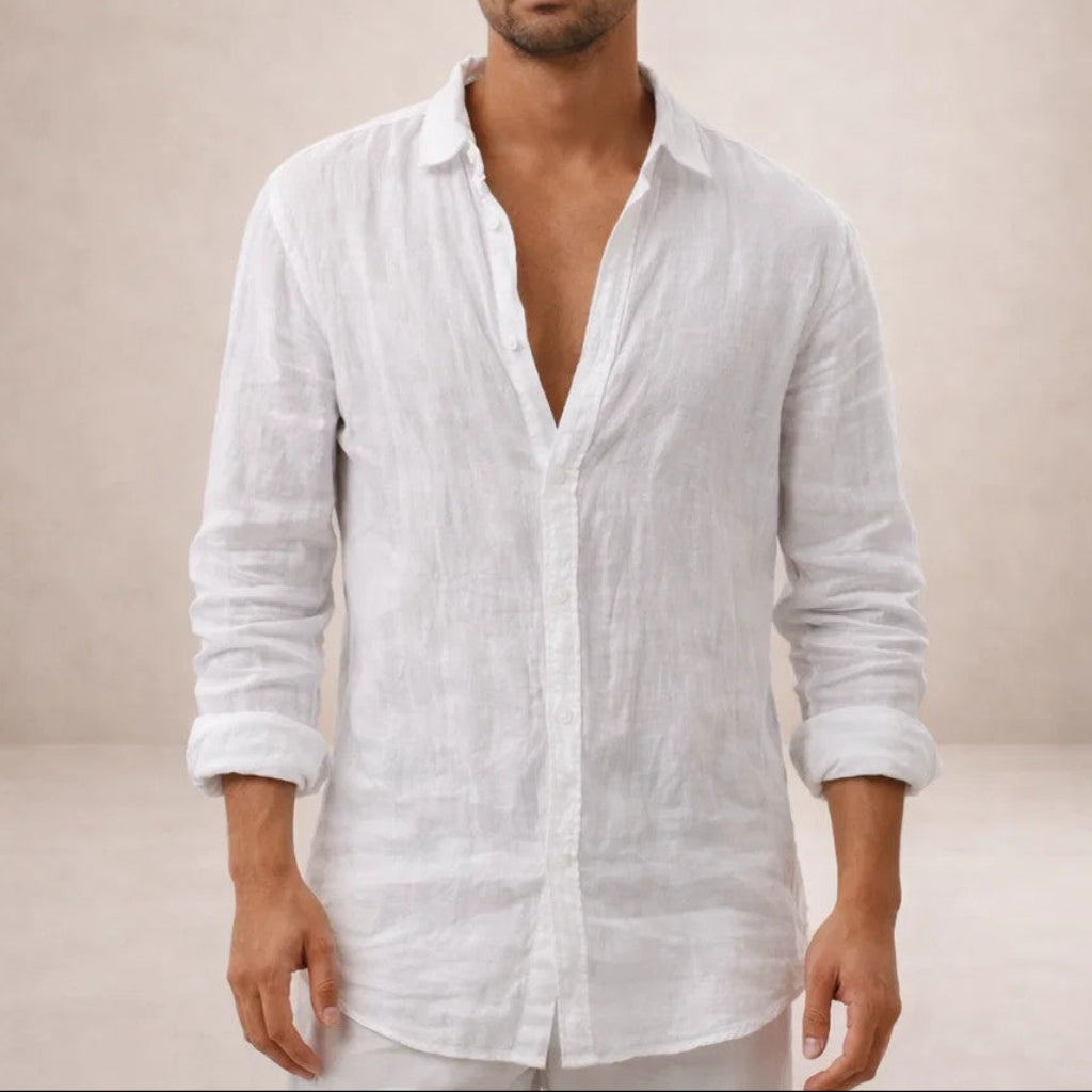 Men's Linen Shirt with Open Collar, Long Sleeve