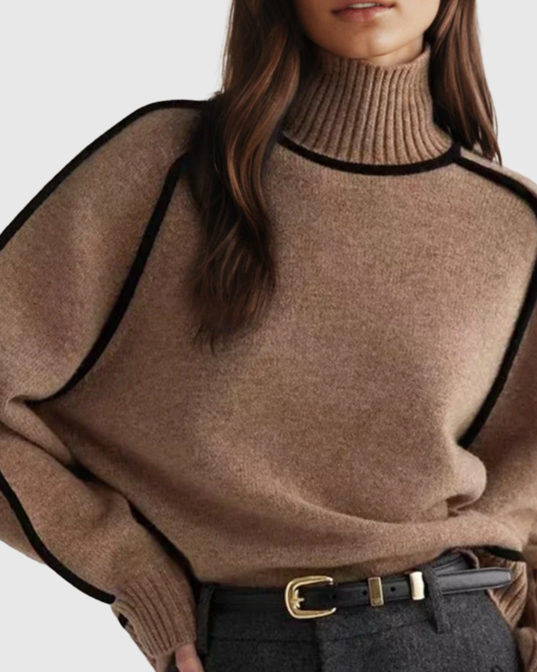 Women’s Warm Oversized Turtleneck Jumper – Contrast Trim