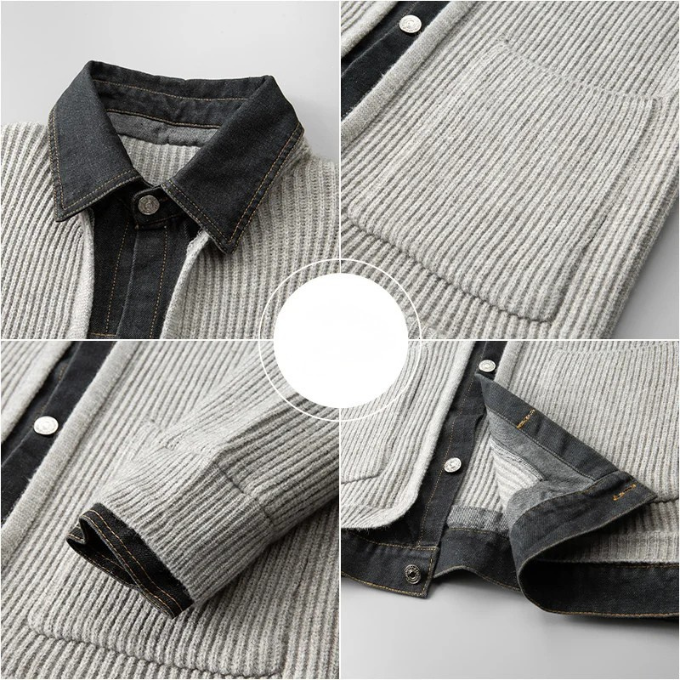 Men's Ribbed Knit Jumper with Denim Details - Relaxed Fit