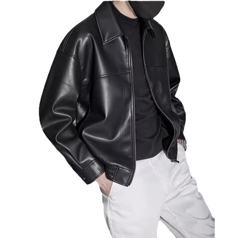 Leather Jacket Men Slim Fit Zip Closure Straight Collar