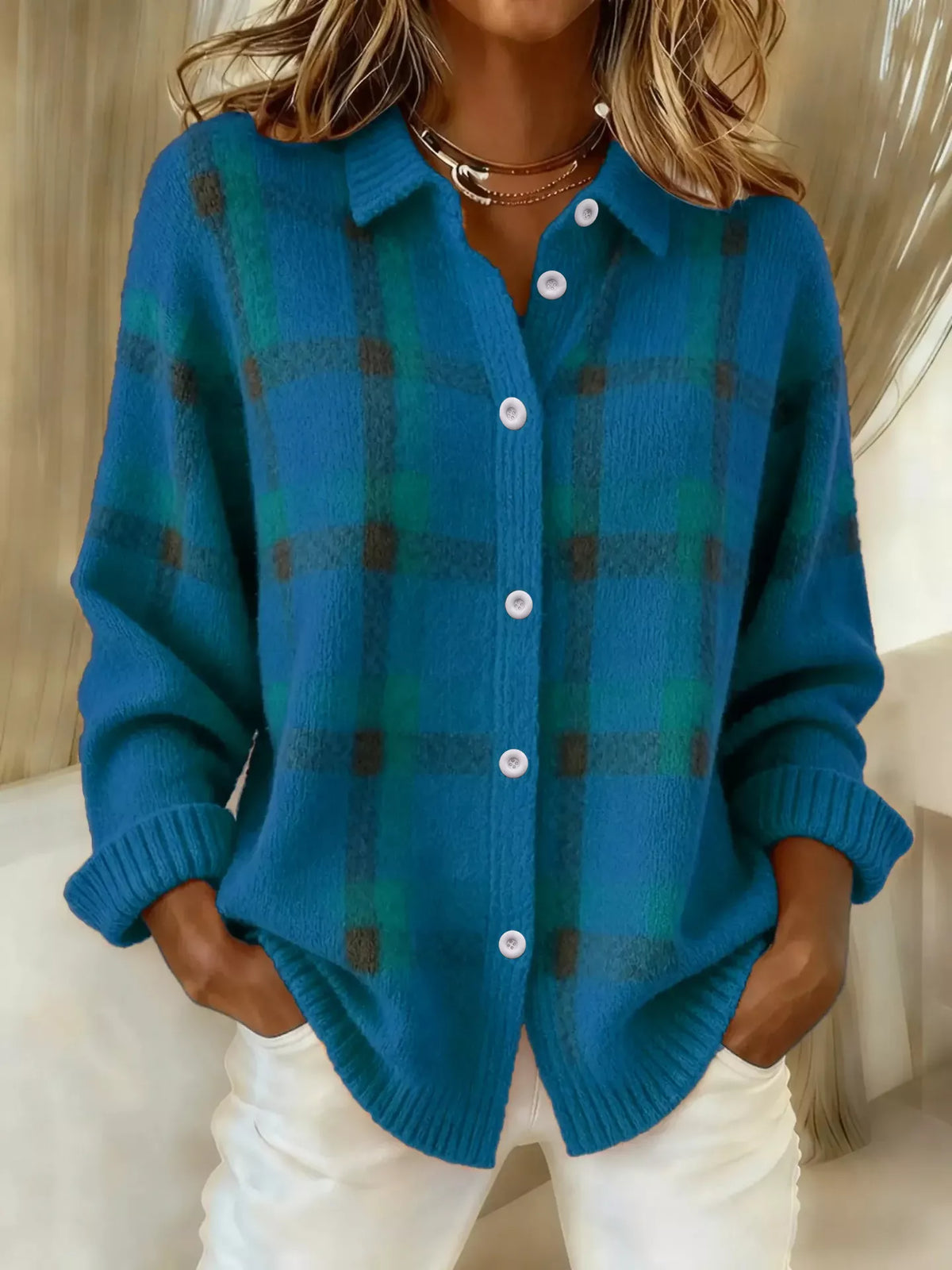 Women's Orange Checked Button-Up Cardigan – Relaxed Knit Jacket