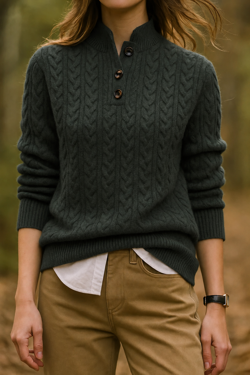 Women's Cable Knit Jumper – Button Neck Regular Fit
