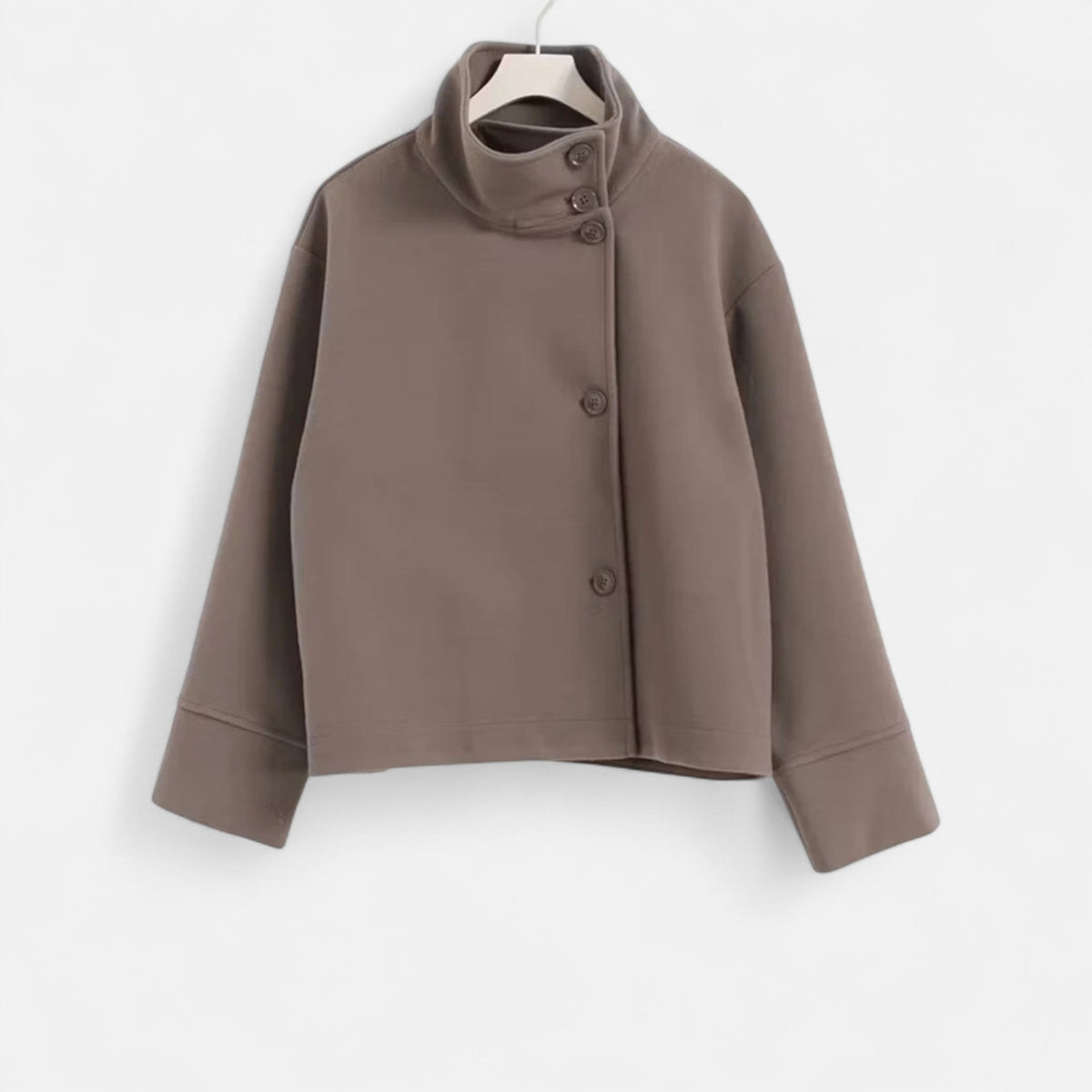Women's High Collar Short Coat – Double Button Relaxed Design