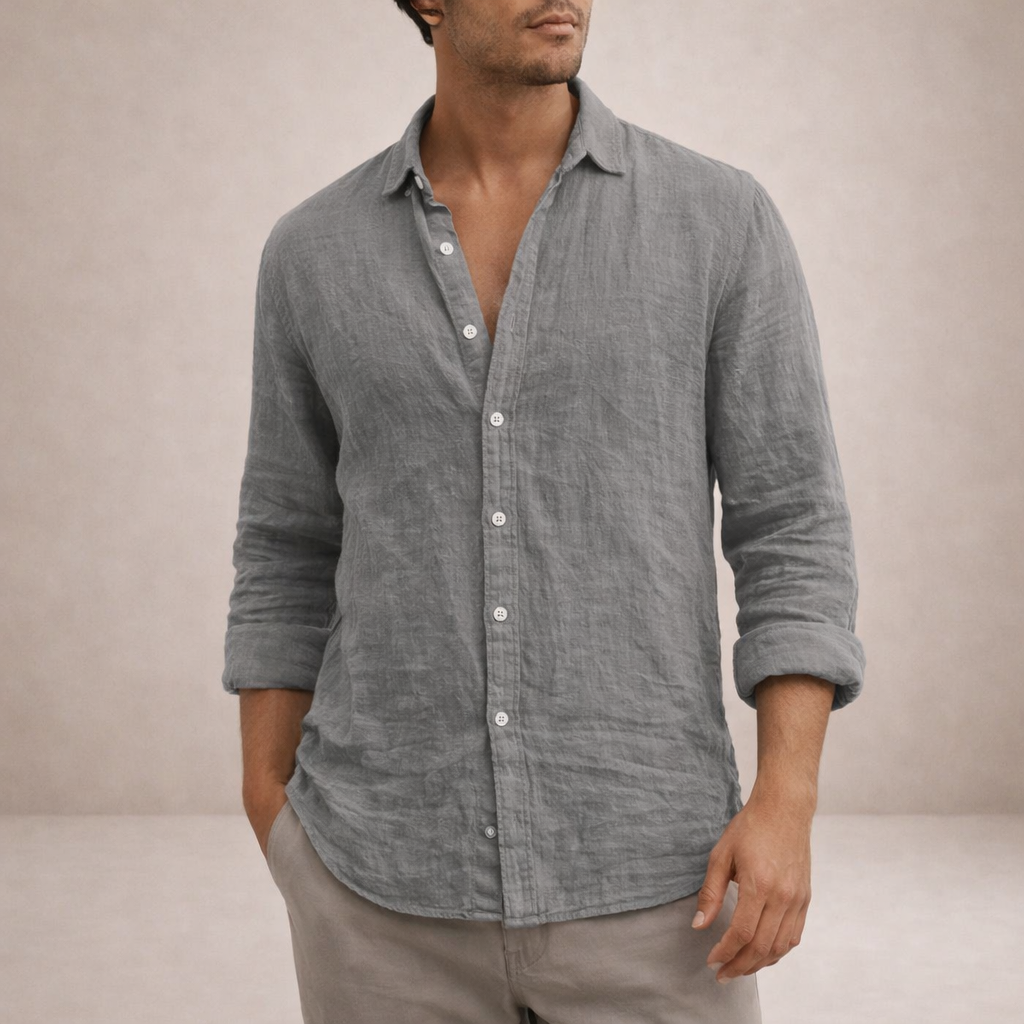 Men's Linen Shirt with Open Collar, Long Sleeve