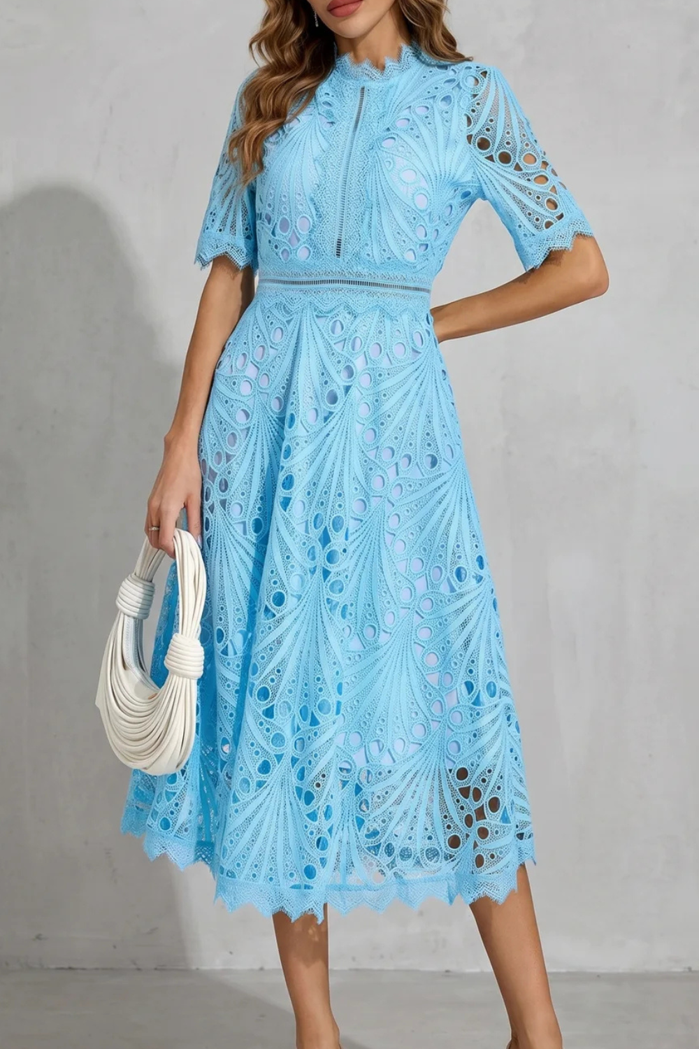 Women's High Neck Lace Midi Dress – Elegant A-Line Occasion Style