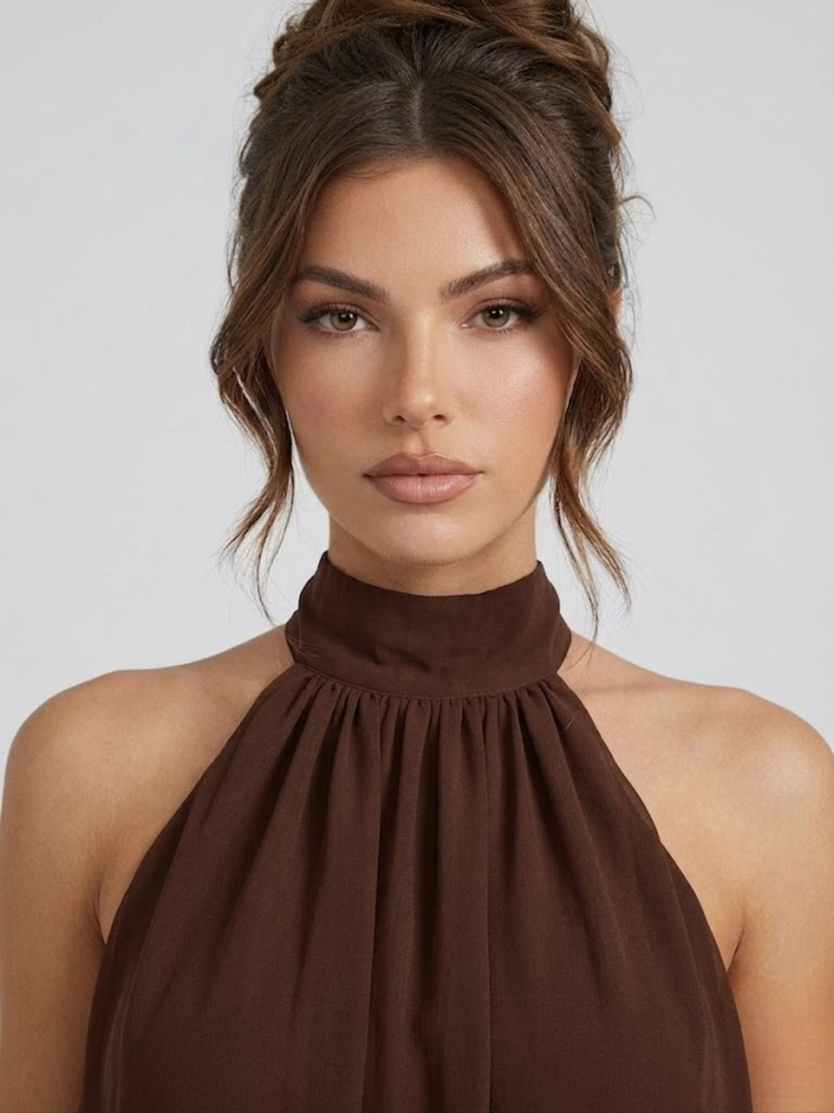 Women's Mini Dress with High Halter Neck and Open Back, Layered Ruffles