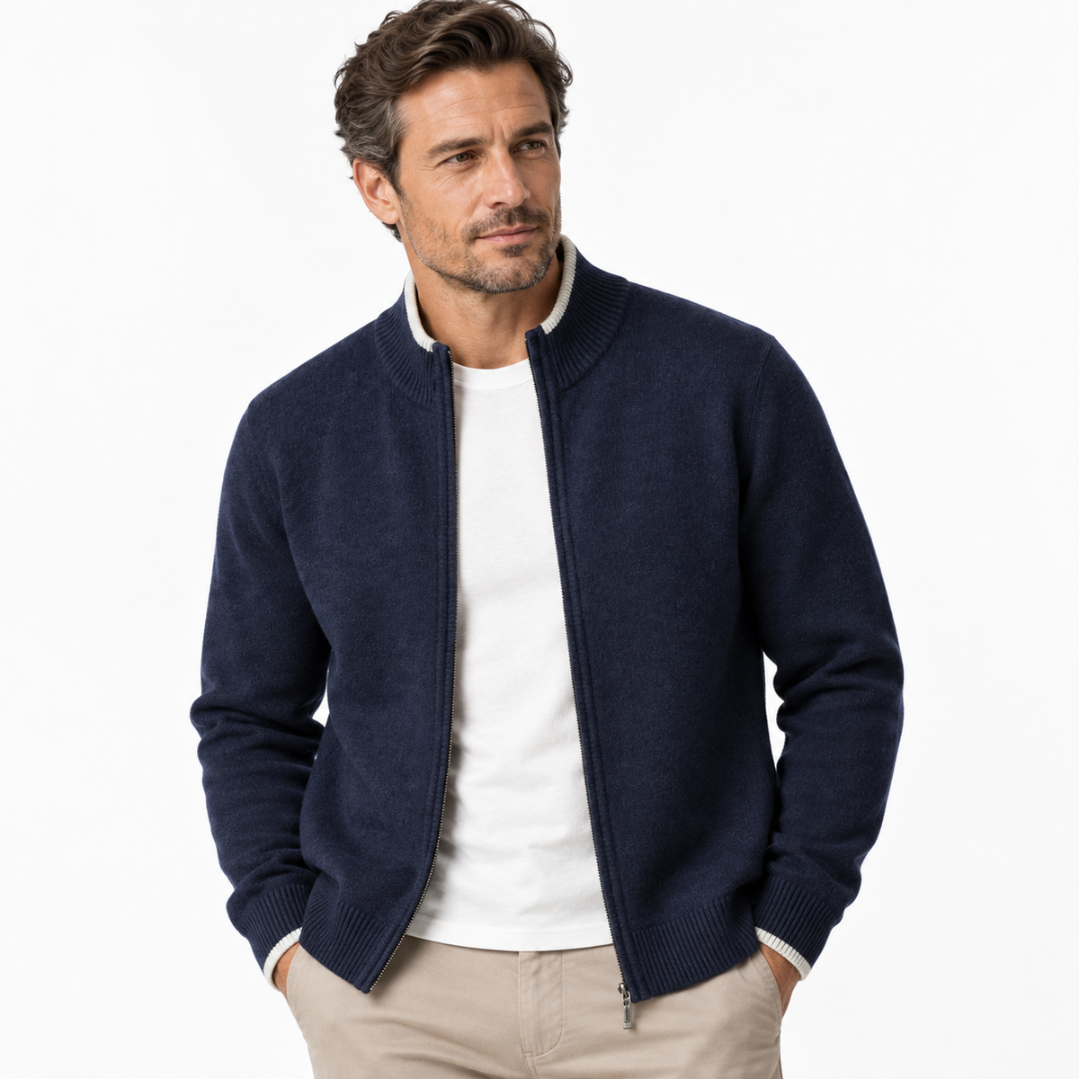Men's Wool Zip Cardigan – Stand Collar Knit