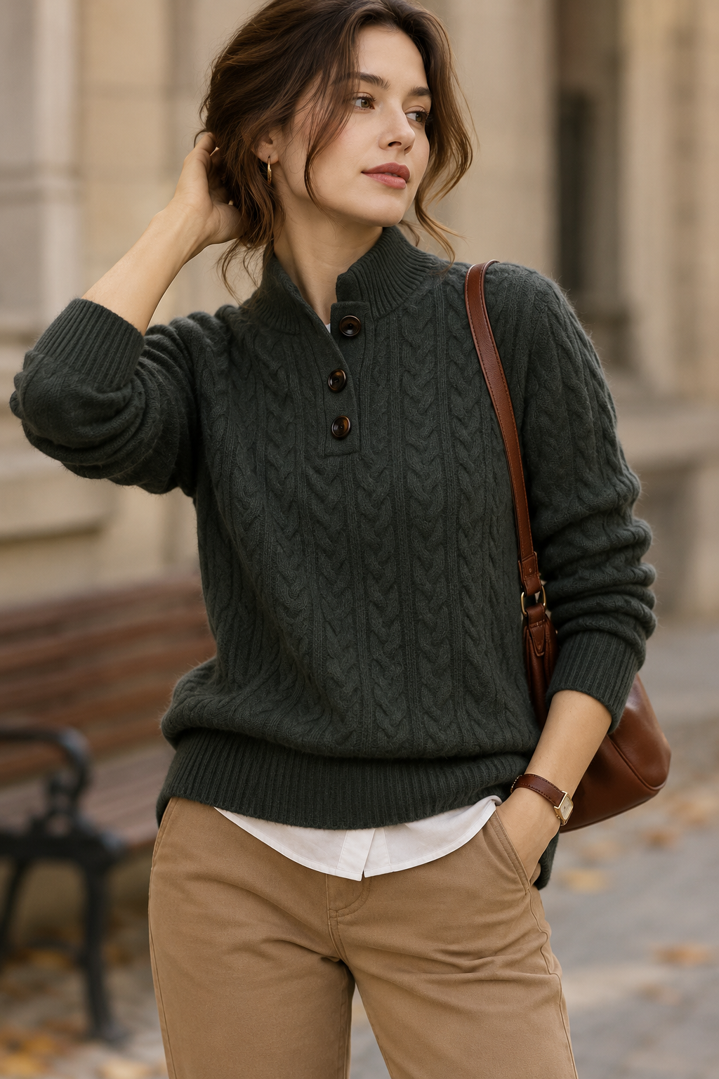 Women's Cable Knit Jumper – Button Neck Regular Fit