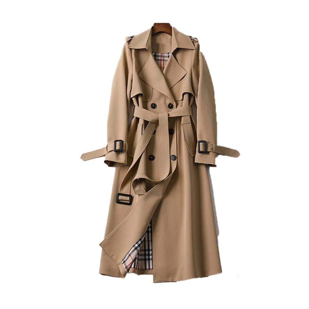 Women's Long Double-Breasted Trench Coat - Classic Tailored Style