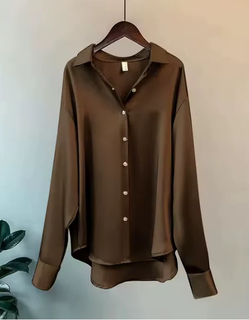 Women’s Satin Long Sleeve Collared Blouse