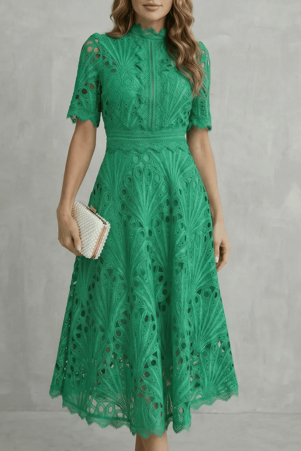 Women's High Neck Lace Midi Dress – Elegant A-Line Occasion Style
