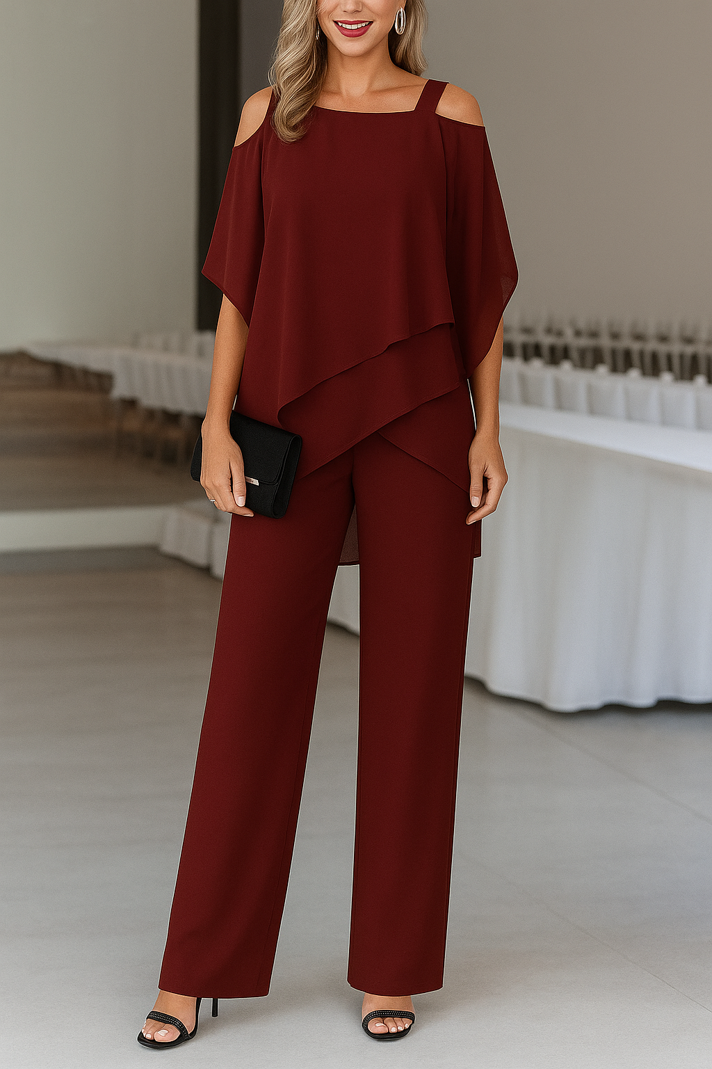 Elegant Lightweight Ladies Set with Off-Shoulder Top and Wide Trousers