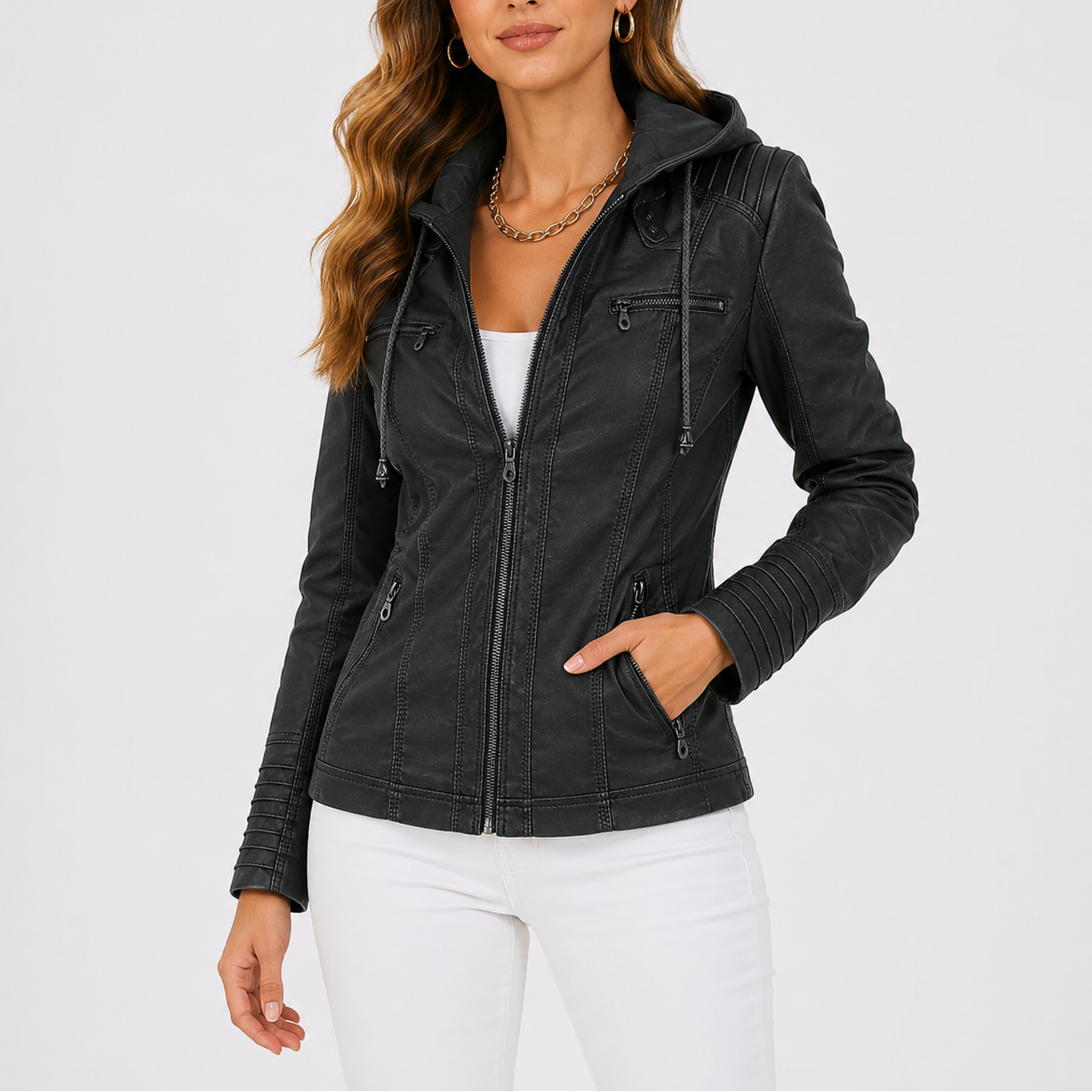 Women's Hooded Faux Leather Jacket with Zip Pockets