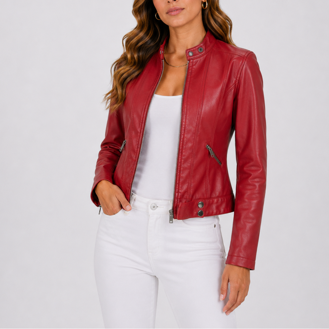 Women's Classic Leather Jacket with Zip Pockets