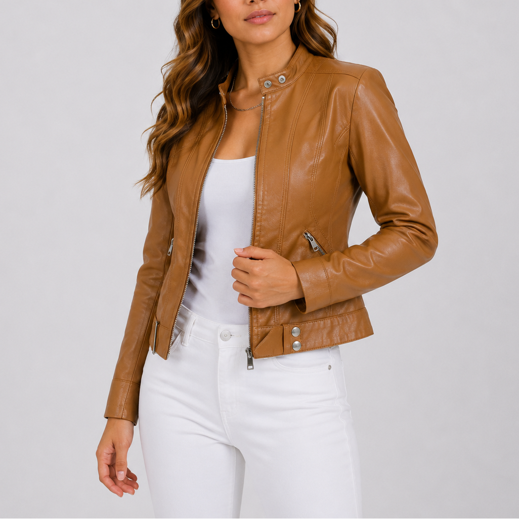 Women's Classic Leather Jacket with Zip Pockets