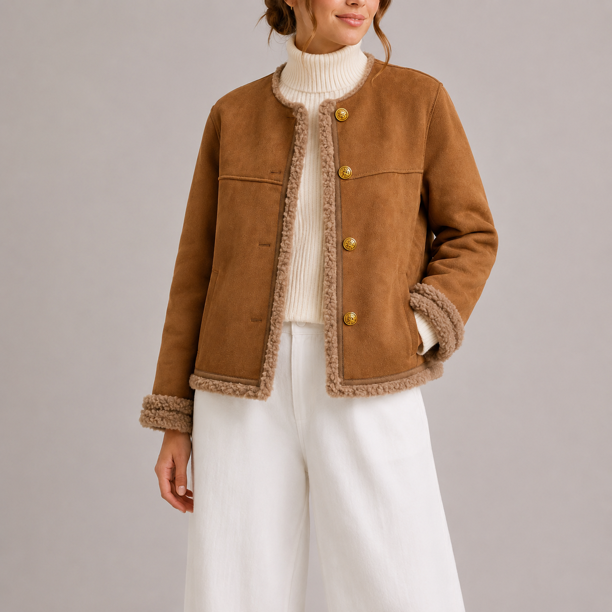 Women’s Faux Suede Autumn Jacket with Shearling Trim