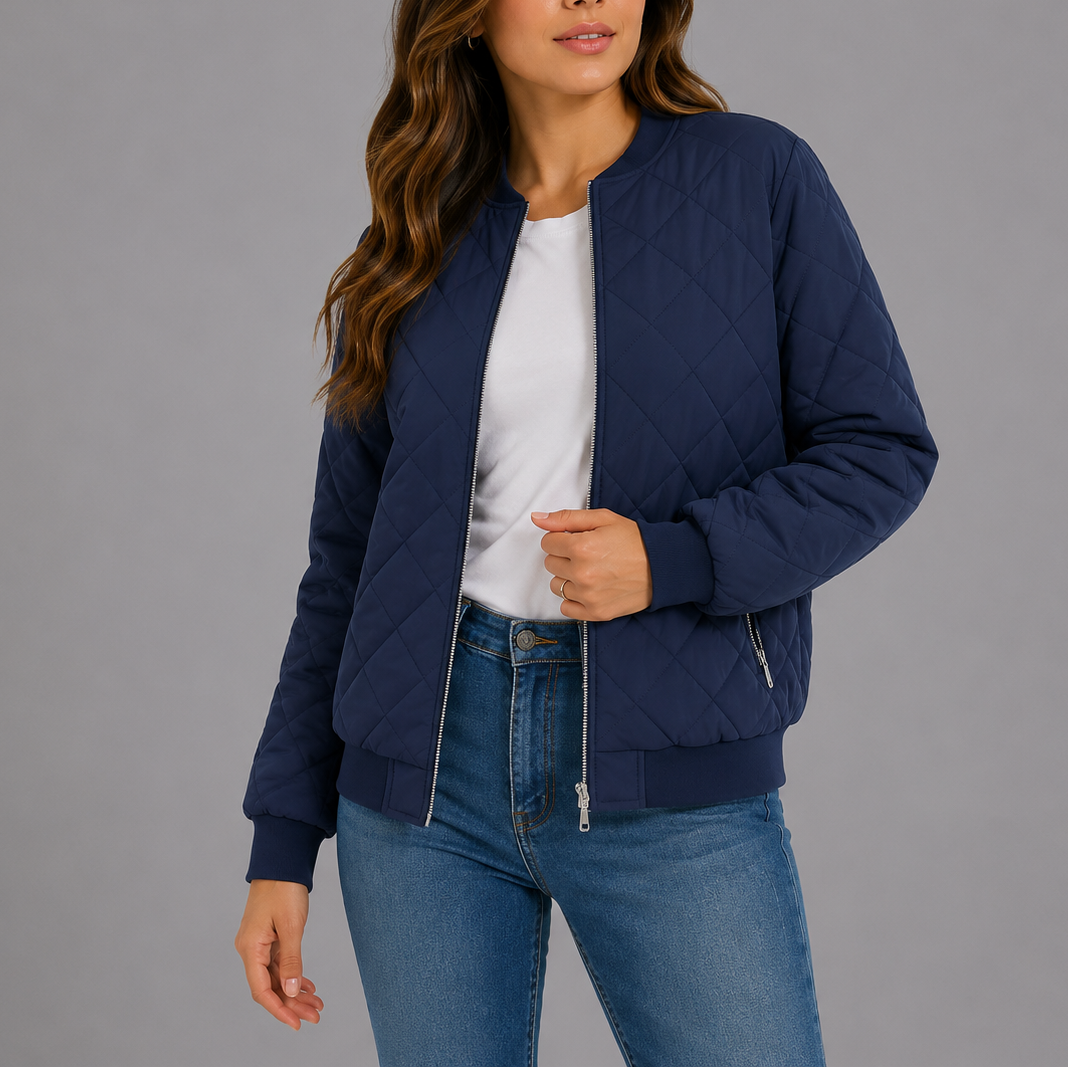 Women's Classic Quilted Bomber Jacket with Pockets