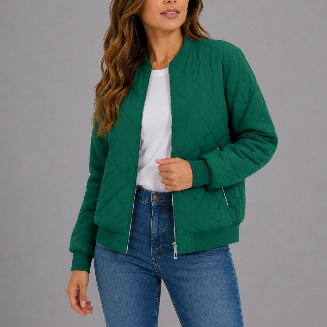 Women's Classic Quilted Bomber Jacket with Pockets