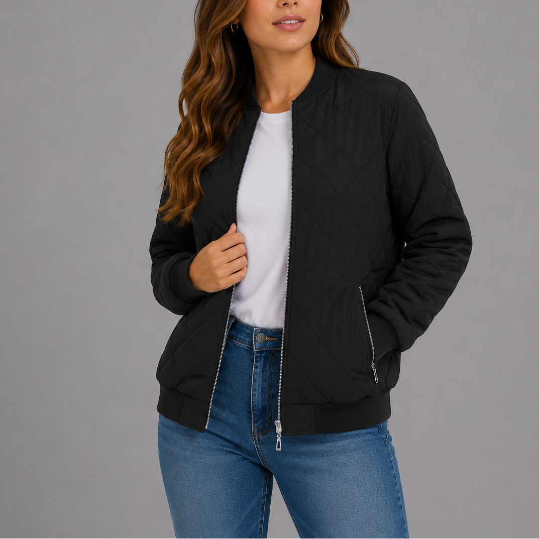 Women's Classic Quilted Bomber Jacket with Pockets