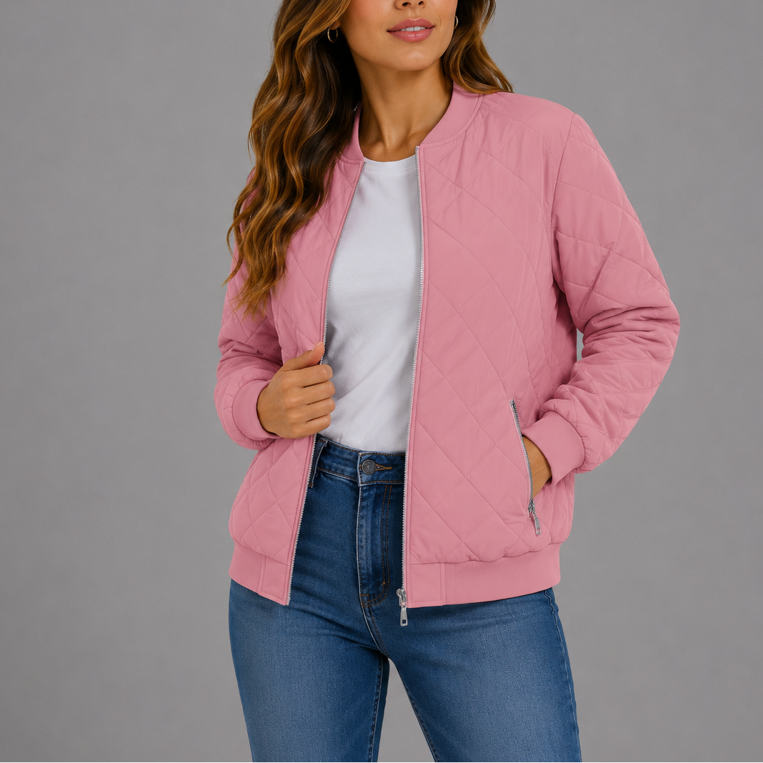 Women's Classic Quilted Bomber Jacket with Pockets