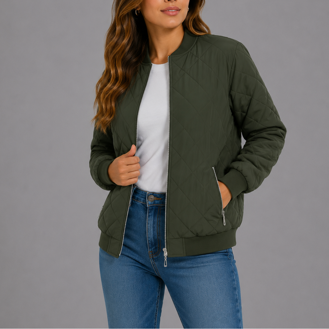 Women's Classic Quilted Bomber Jacket with Pockets