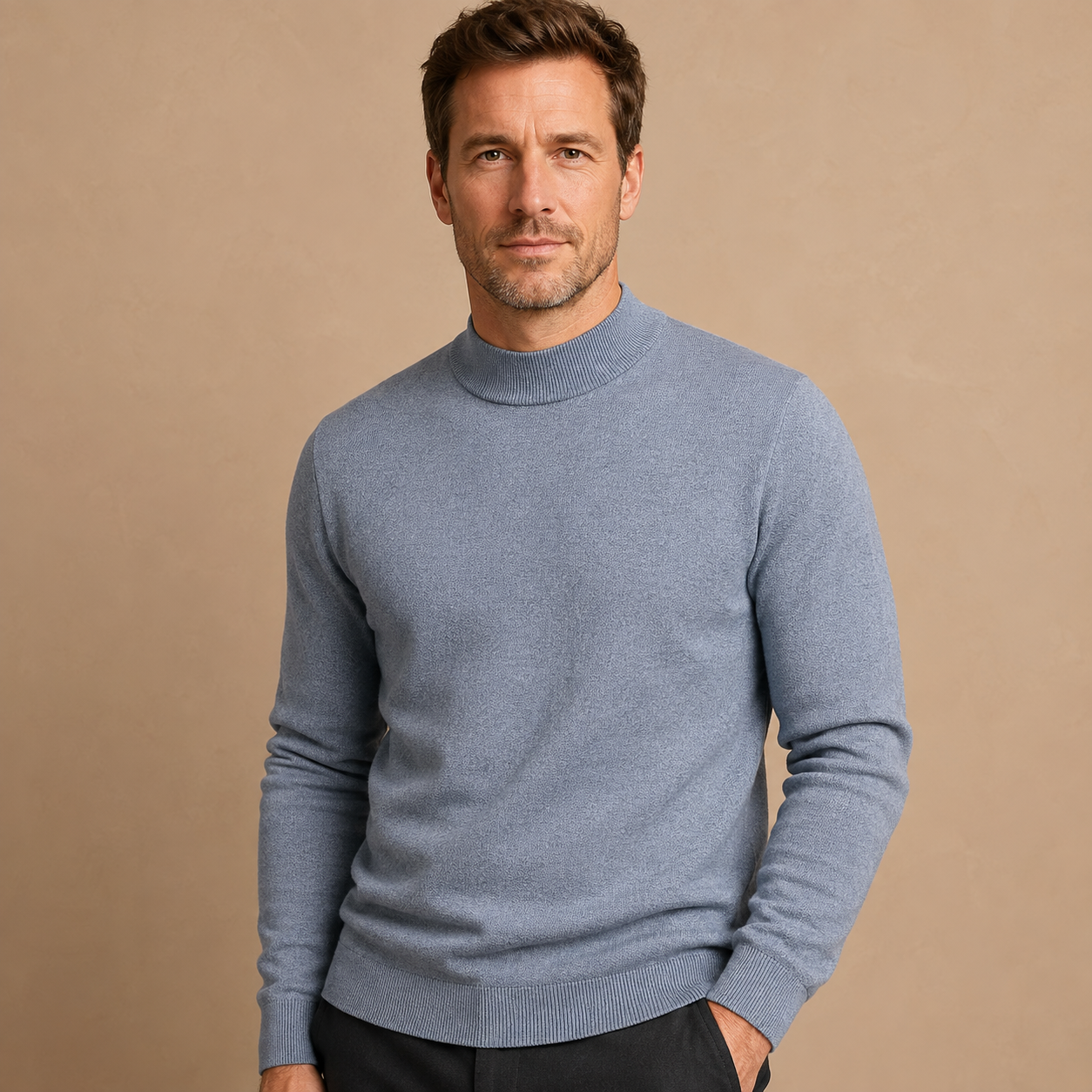 Men's Fine Knit Roll Neck Jumper - Long-Sleeve Pullover