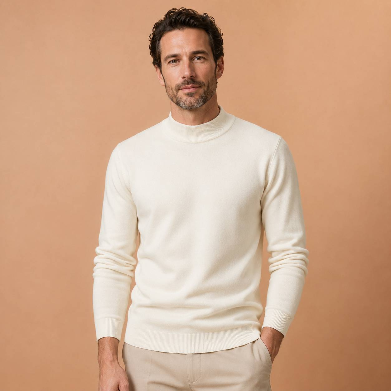 Men's Fine Knit Roll Neck Jumper - Long-Sleeve Pullover