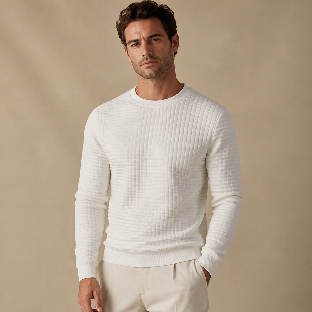 Men's Padded Jumper - Sweater with Round Neck and Long Sleeves