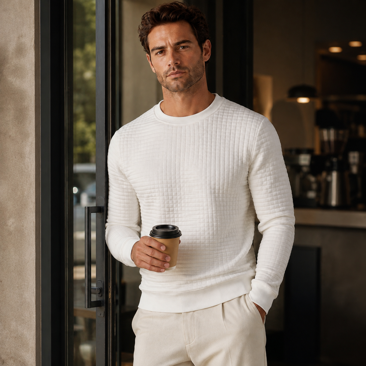 Men's Padded Jumper - Sweater with Round Neck and Long Sleeves