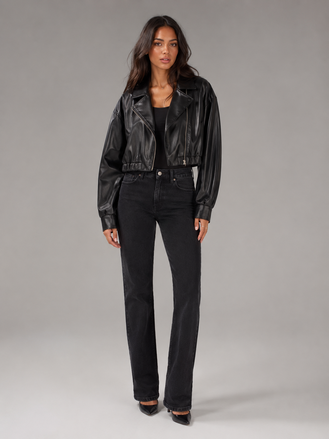 Short Synthetic Leather Biker Jacket with Zip for Women